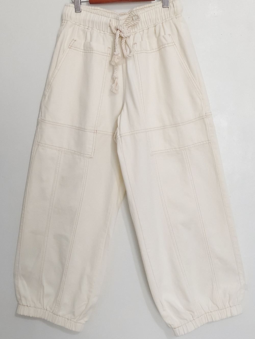 Women's Off-White Cargo Jogger Pants Size S Cotton Elastic Waist Wide Leg New